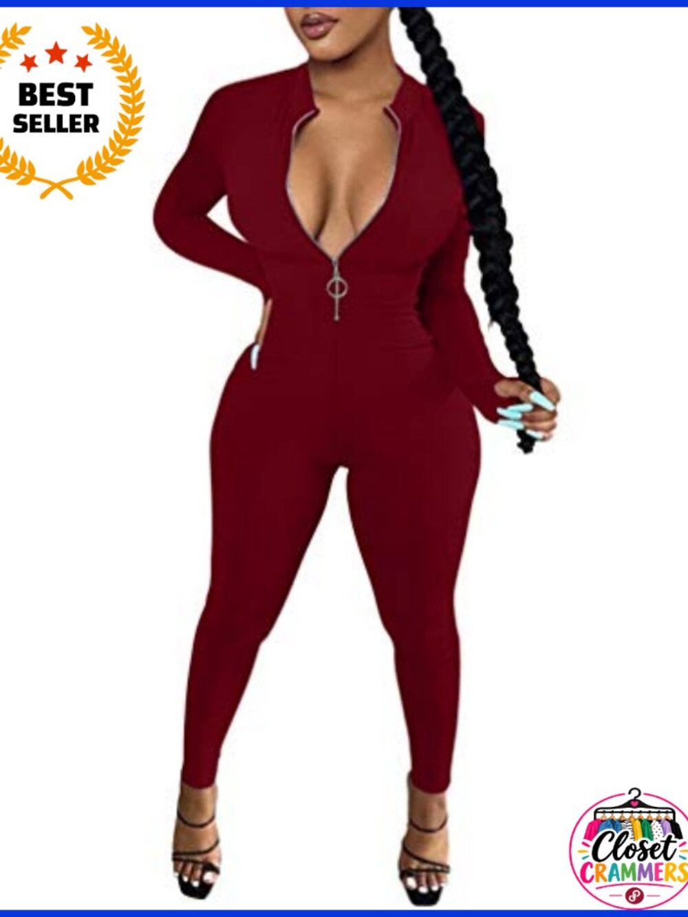 LAGSHIAN Women's Long Sleeve V-Neck Zip Up Bodycon One Piece Jumpsuit